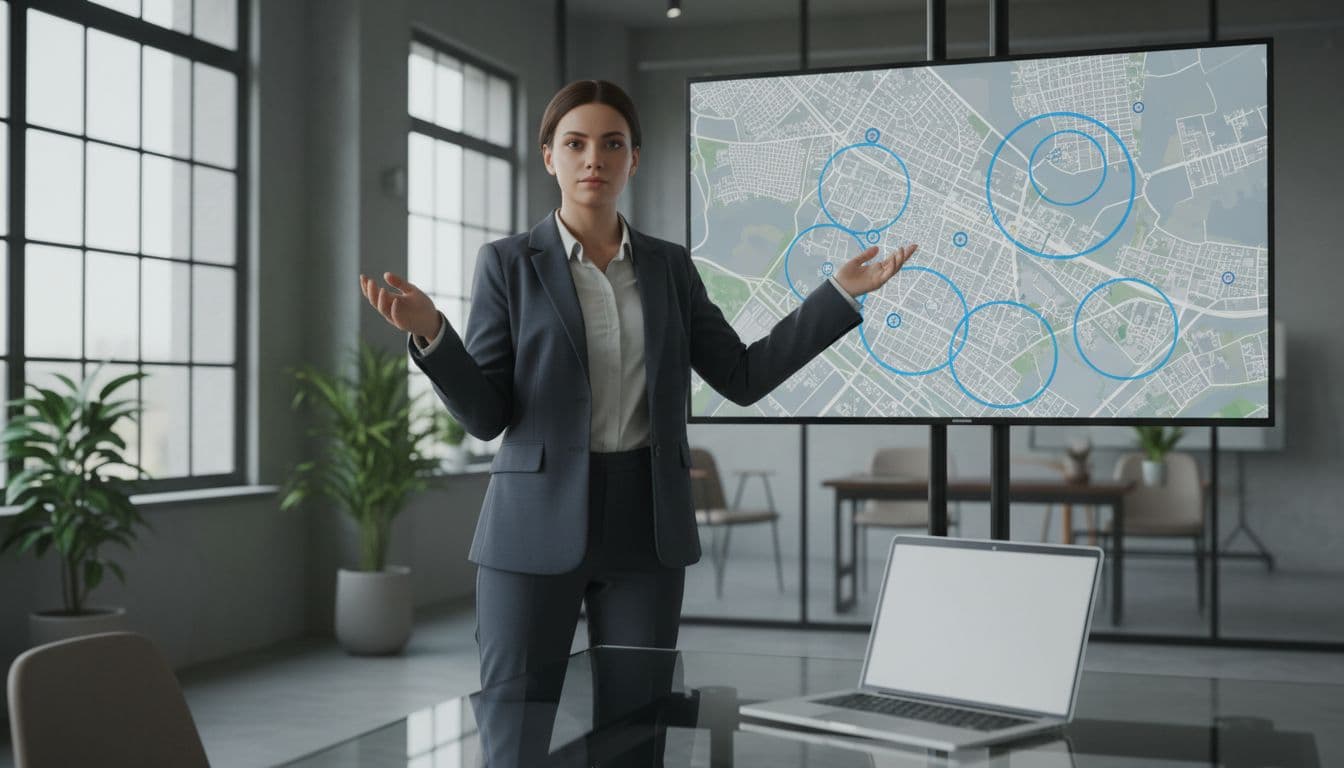 Marketing professional in modern office pinning service areas on digital map for Facebook ad targeting, with city map showing radius around neighborhoods and laptop nearby.