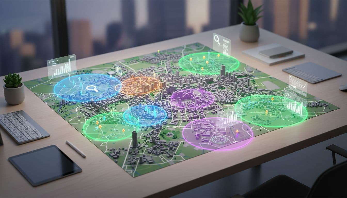 Vibrant digital illustration of a city map with pins marking service areas, overlaid on a modern office desk with Microsoft Ads targeting elements as props, professional lighting, no people or text.