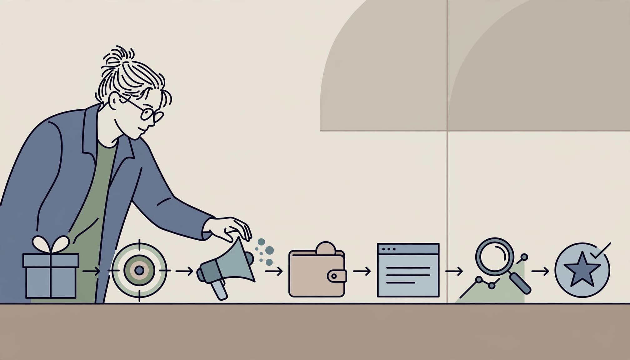 A person arranging marketing workflow symbols on a table in a flat vector illustration.