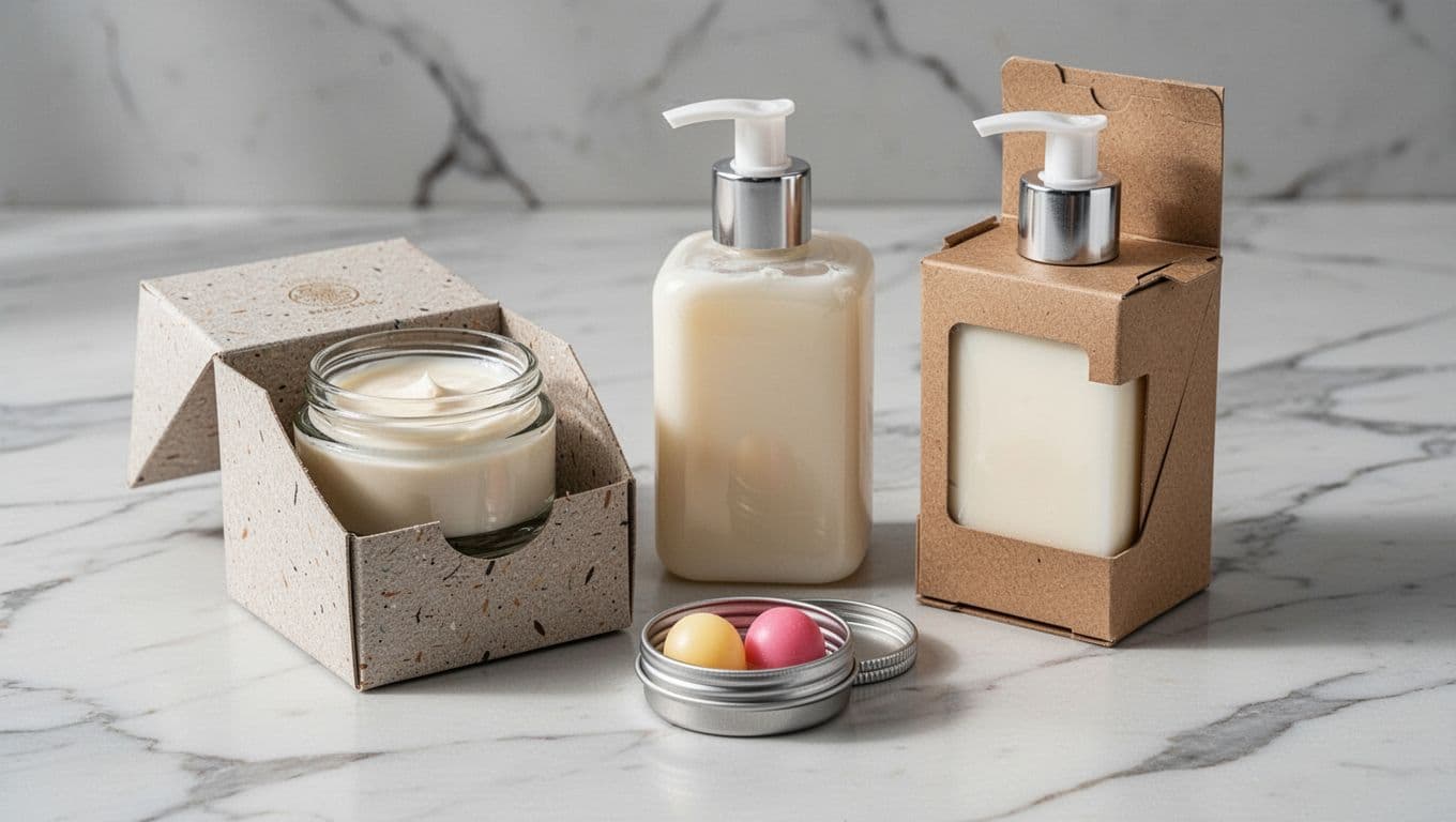 Beauty and personal care products elegantly displayed on a marble surface with soft lighting: glass jar of face cream in textured paperboard box, plastic pump bottle of lotion in carton sleeve, metal tin of lip balm. Realistic still life photography with exactly three products.