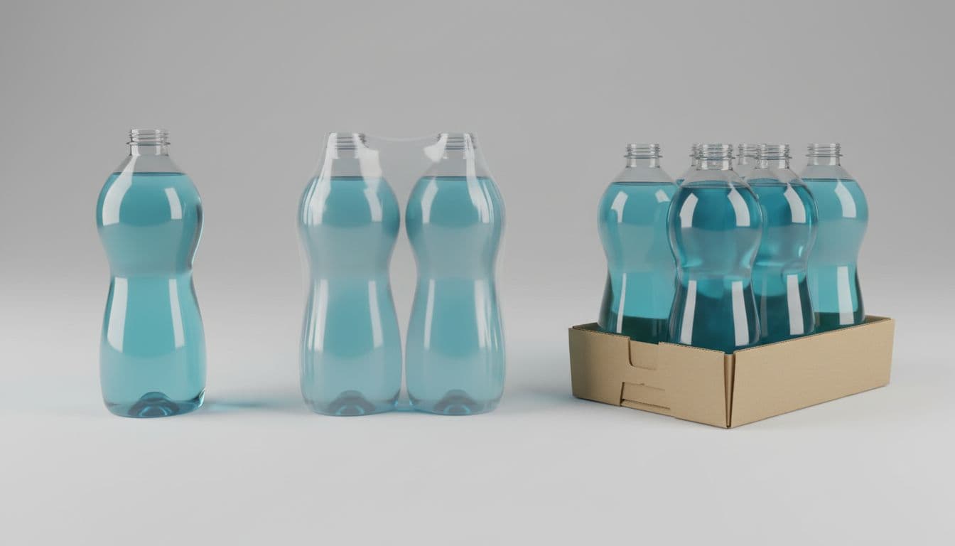 Side-by-side realistic photographs on a neutral gray background showing primary packaging (single clear plastic bottle), secondary packaging (two shrink-wrapped bottles), and retail-ready packaging (six-bottle cardboard tray), with even studio lighting and high detail.