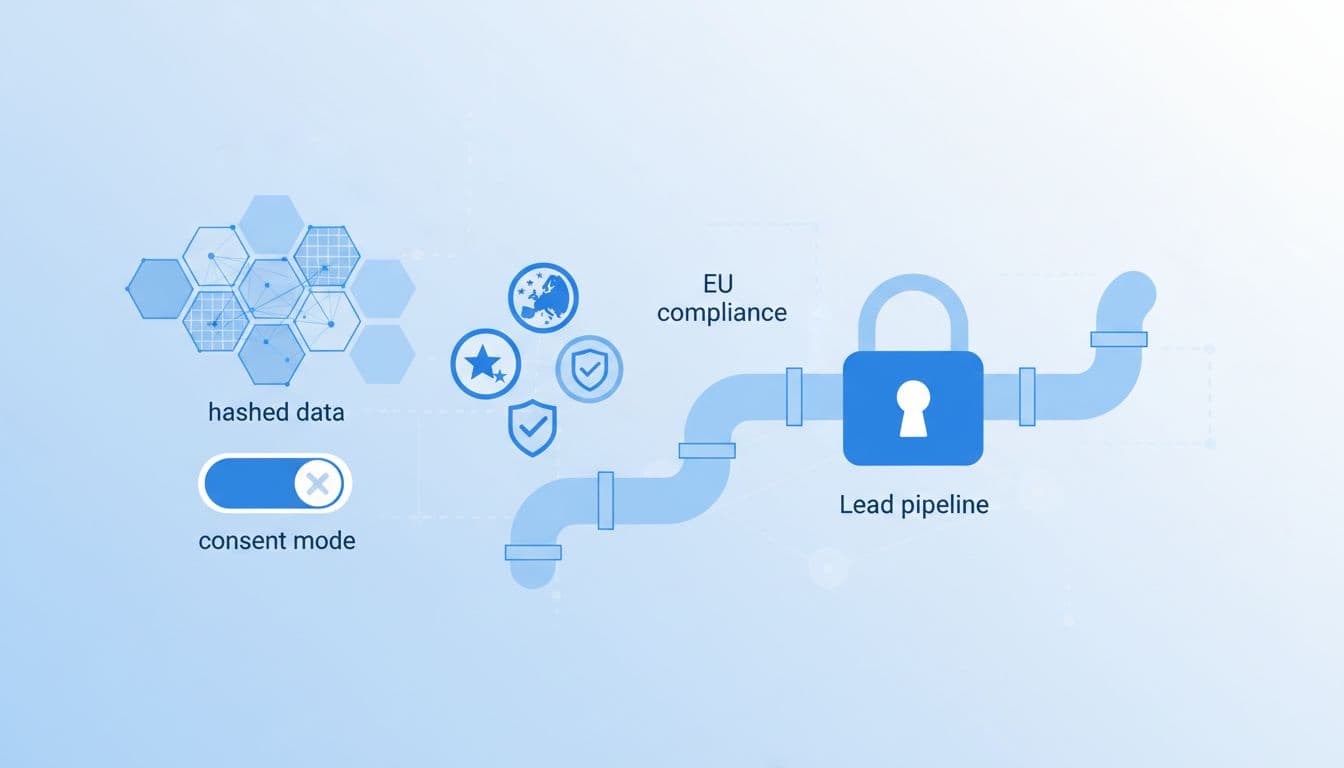 Clean illustrative icons in blue and white depicting hashed data, consent mode toggle, EU compliance badges, and a secure lock on a lead pipeline.