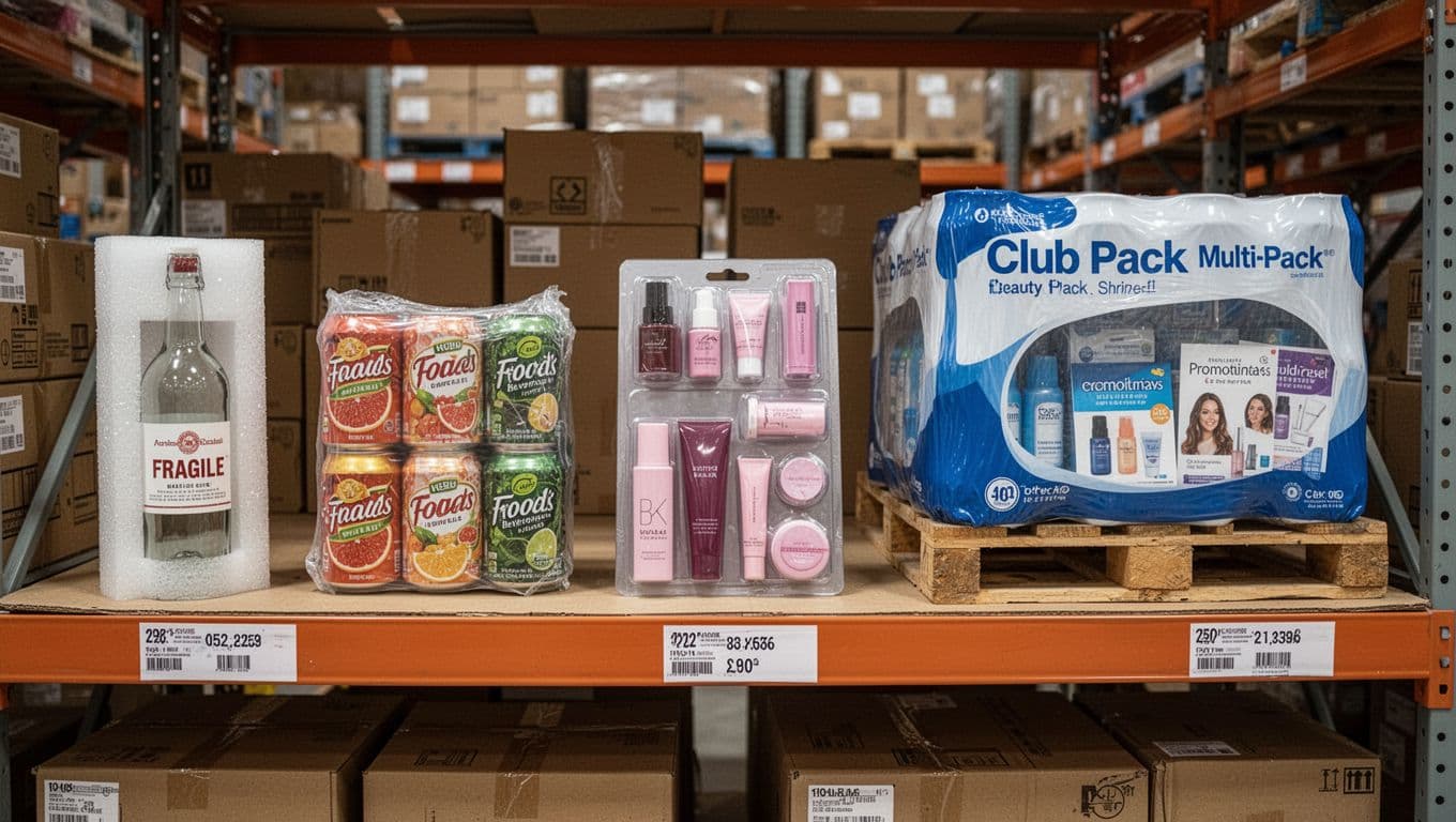 Warehouse retail shelf displaying exactly five products with varied packaging: fragile glass bottle with cushioning, shrink-wrapped beverage cans, blister-packed beauty cosmetics, palletized club pack multi-pack, and promotional kit bundle with inserts. Realistic photography in natural lighting, landscape aspect ratio, shipping boxes in background.