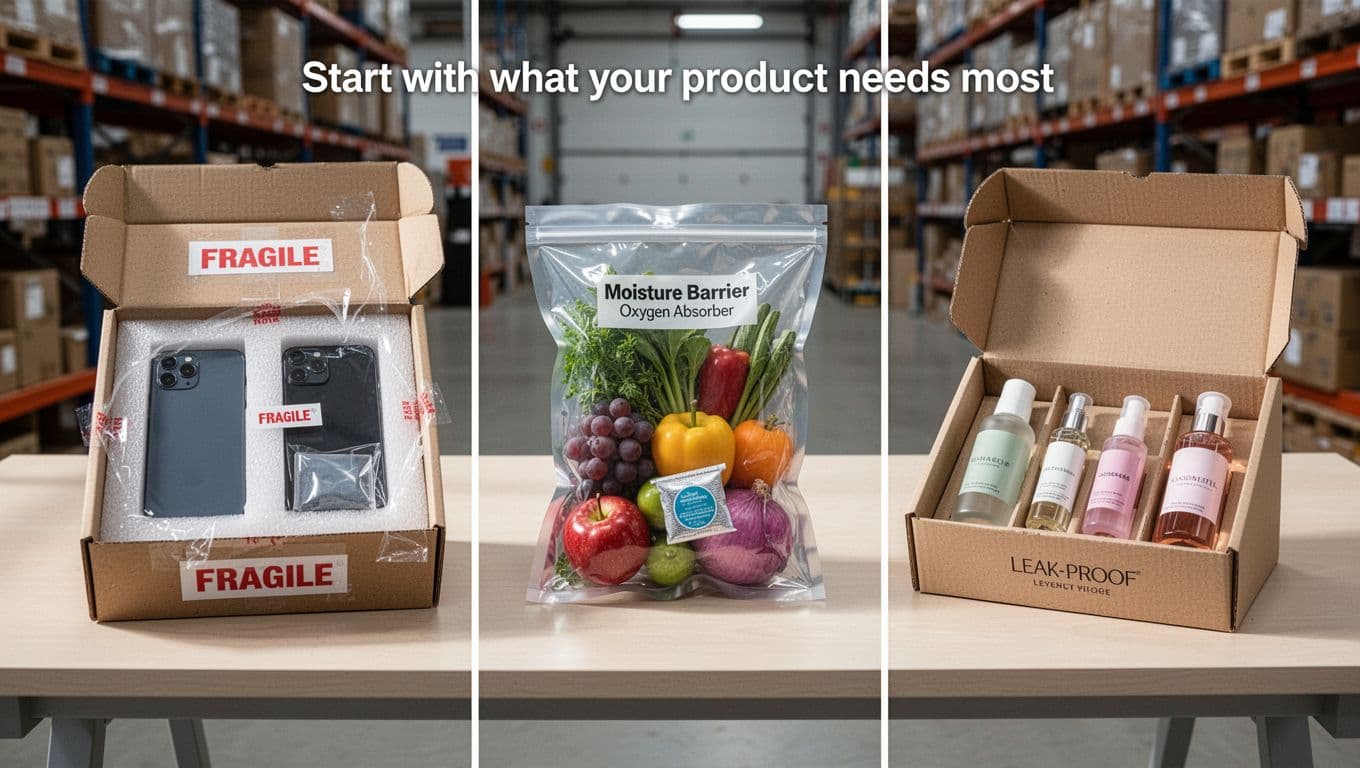 Split composition of three side-by-side product packaging examples on a warehouse table with natural daylight: fragile electronics like a smartphone in foam-cushioned sturdy box, perishable fresh produce in moisture-barrier bag with oxygen absorber, and cosmetics bottles in leak-proof cardboard box with dividers. Realistic photography style, no text, labels, people, or extra items.