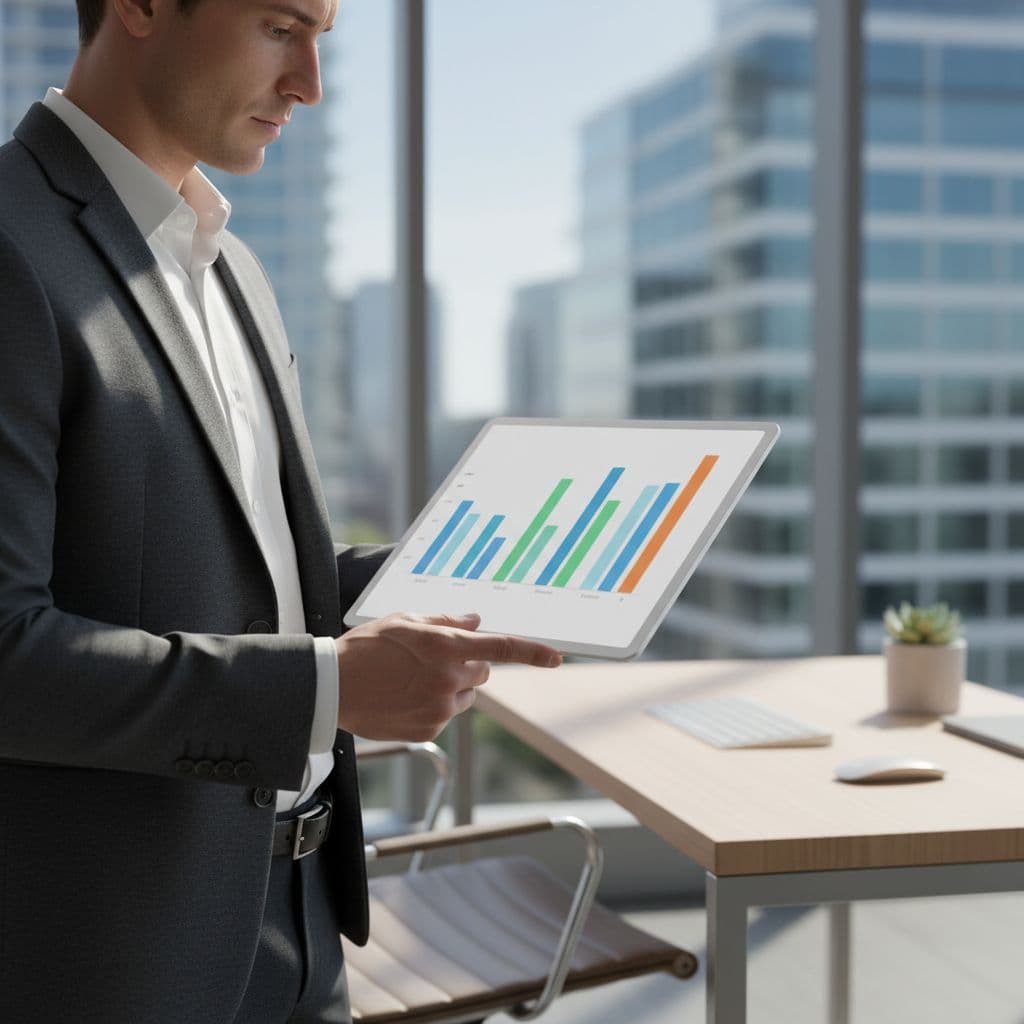 A person stands in a bright office environment while holding a tablet to review business charts.