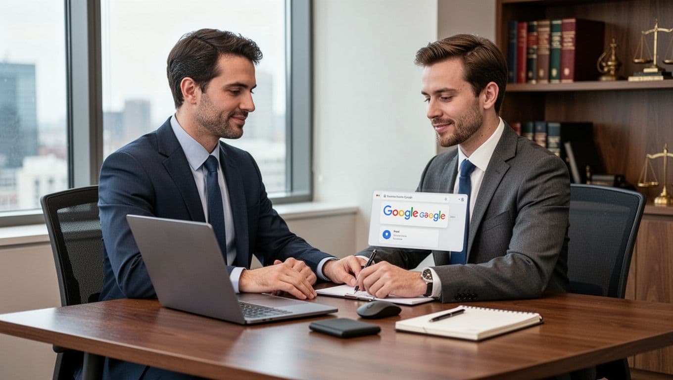A solo professional attorney sits relaxed at a modern law office desk, updating Google Business Profile on an open laptop with screen angled away, mouse and notepad nearby, soft window lighting, photo-realistic digital marketing image.