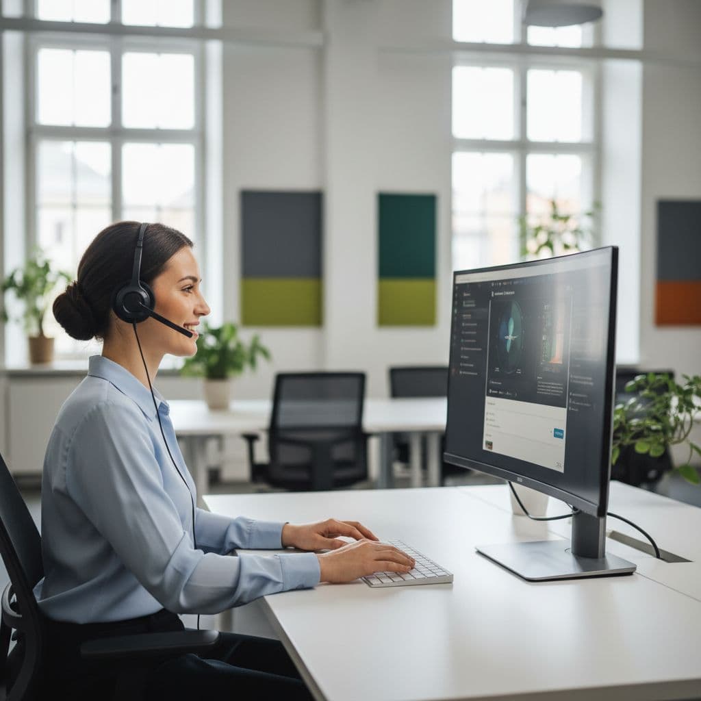 A professional wearing a headset smiles while working at a computer in a modern office.
