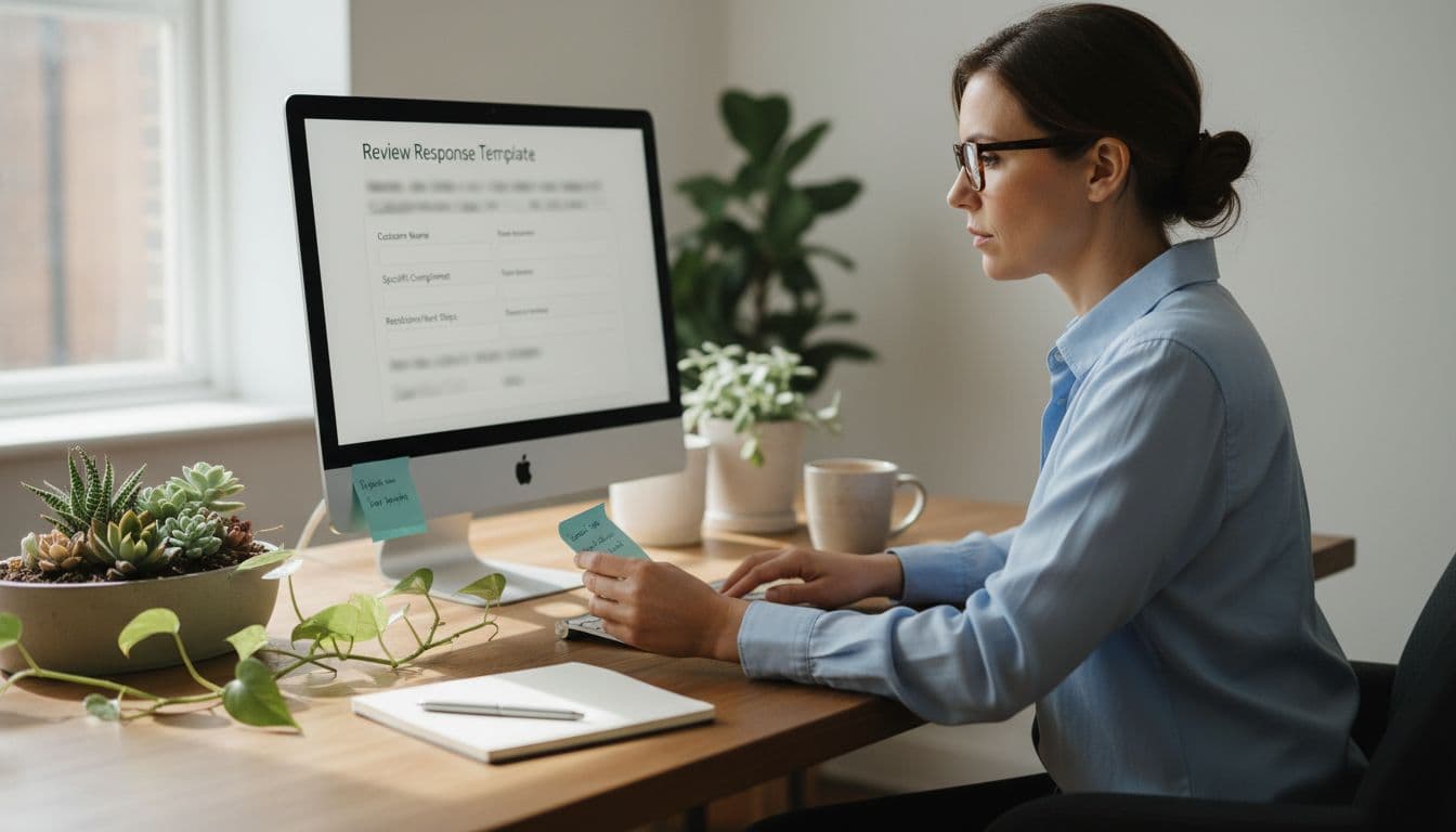 A business professional sits at an organized desk with plants, customizing a review response template on their computer by pulling details from a customer note, under daylight lighting in a realistic photo.