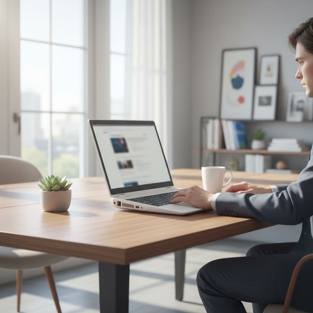 A person works on a laptop at a bright office desk.