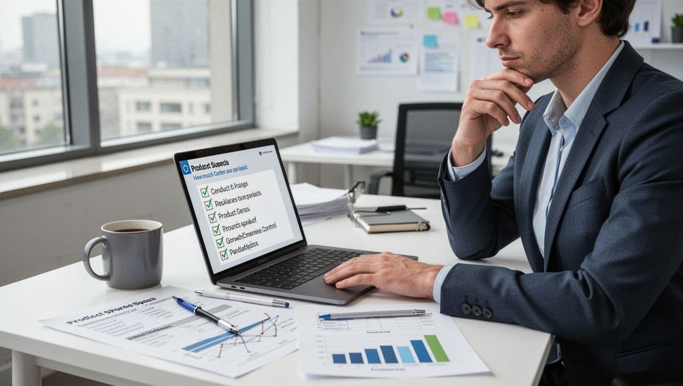 A business professional sits at a modern organized desk, thoughtfully reviewing a checklist on a laptop with notes on product specs and growth charts nearby, coffee mug present, natural daylight illuminating the realistic workspace with exactly one person and two hands visible on the desk.