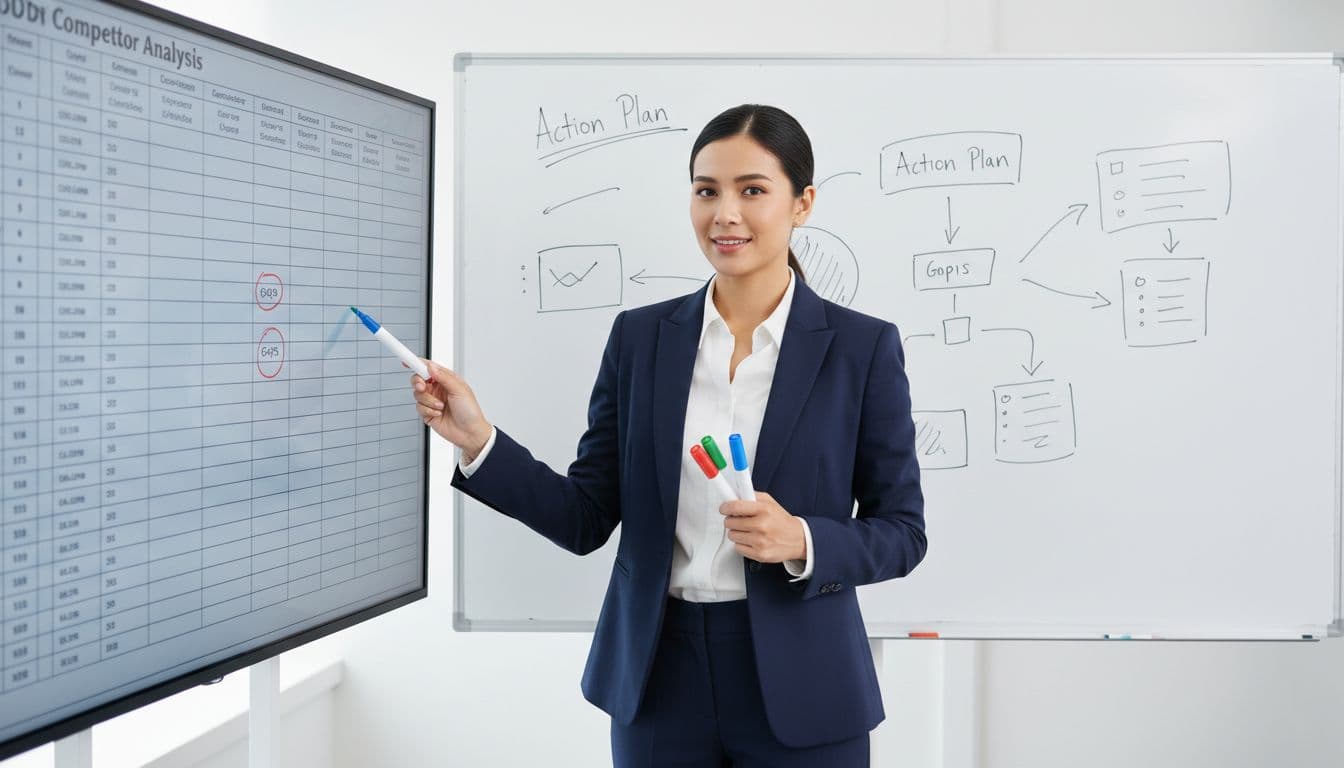 A confident business professional highlights gaps in a competitor analysis spreadsheet using markers, with a whiteboard featuring action plan sketches in a bright conference room.