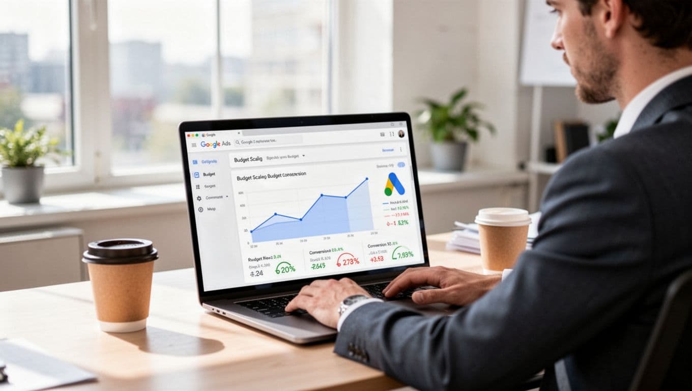 A professional marketer at a desk in a bright office analyzes a Google Ads dashboard on a laptop, with charts showing budget scaling and conversion metrics, a coffee cup nearby, and natural window light illuminating the scene.
