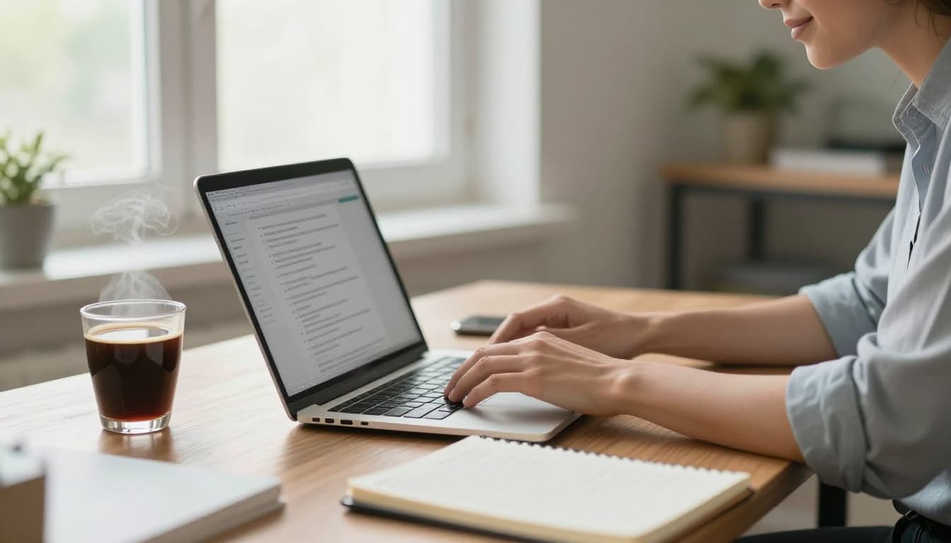 A professional marketer sits at a bright home office desk typing on a laptop, with an open notebook featuring bullet points and a steaming coffee cup beside. Photo-realistic business productivity scene illuminated by natural daylight from a window.