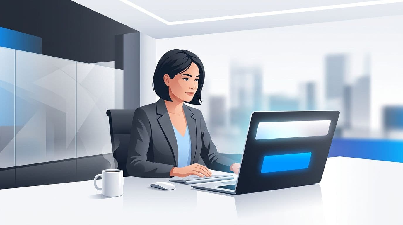 Illustration of one professional in a sleek modern office viewing a laptop screen angled to show prominent headline area and glowing CTA button prop, with relaxed hands on desk beside coffee mug. Wide landscape composition with clean futuristic SaaS B2B aesthetic using crisp vector 3D hybrid style, soft gradients in white charcoal and electric blue.
