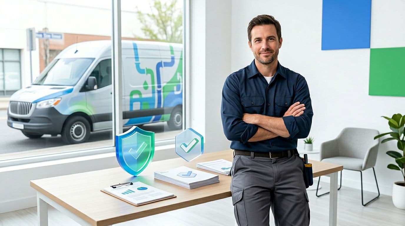 A confident plumber technician in realistic uniform stands next to a verification shield icon and business documents on a modern desk, with a branded service van visible through the window in a clean editorial style.