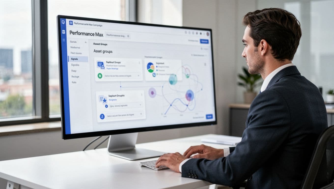 A business professional in a contemporary office configures a Performance Max campaign on a large monitor displaying abstract asset groups and signals, hands on desk under natural window light, photo-realistic digital marketing style.