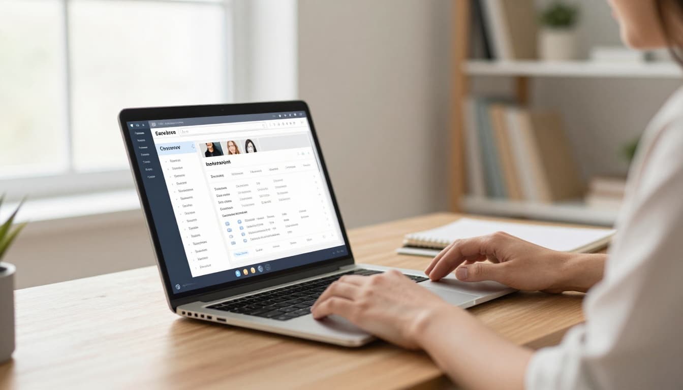 A professional shopper relaxes at a desk in a modern home office, with a laptop open to an e-commerce category browsing page featuring visible navigation menu and filters from a side angle with slightly blurred screen. Natural window daylight illuminates the photo-realistic scene in digital marketing business style.