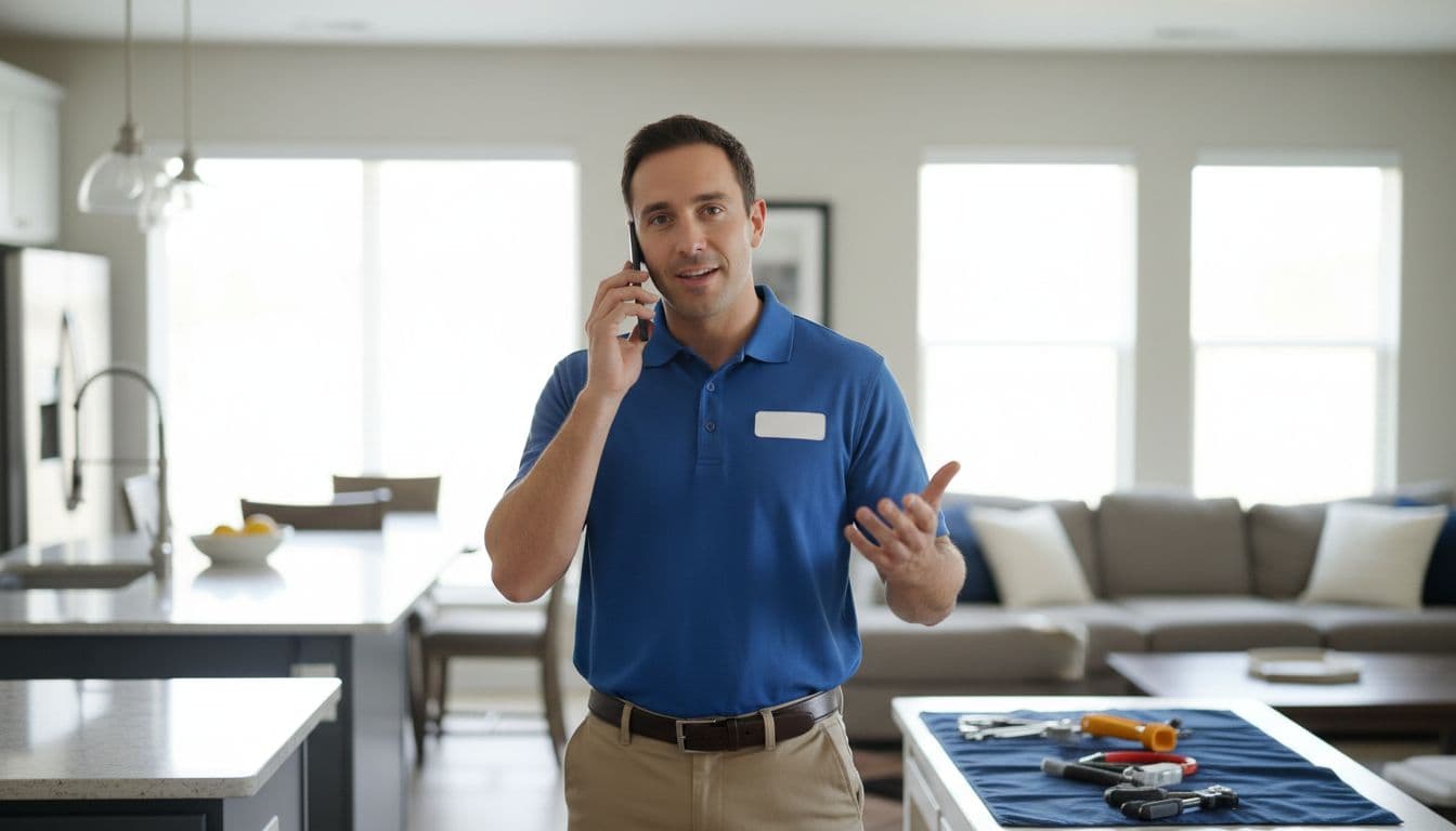 Professional technician speaks on smartphone with soft-focus home service background in bright daylight.