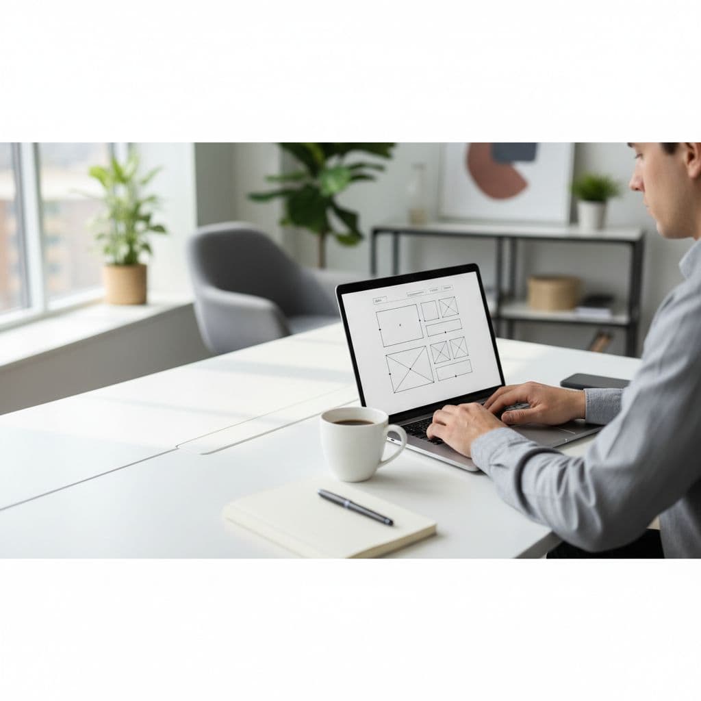 Person analyzes website on laptop in bright modern office desk with coffee cup and notebook.
