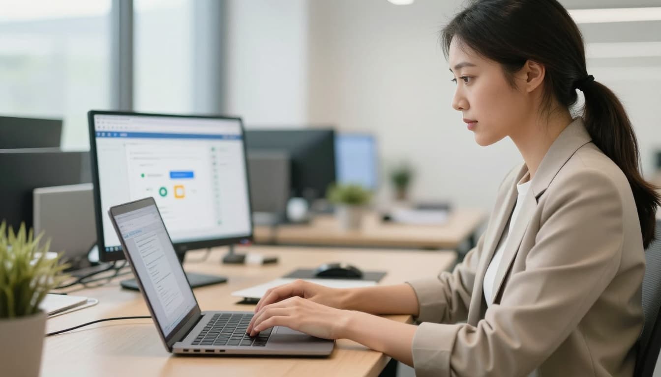 A professional woman in business casual clothes types on a laptop at a modern office desk, with a blurred Google Ads setup screen subtly visible. She displays a focused expression in this photo-realistic digital marketing scene under warm window lighting.