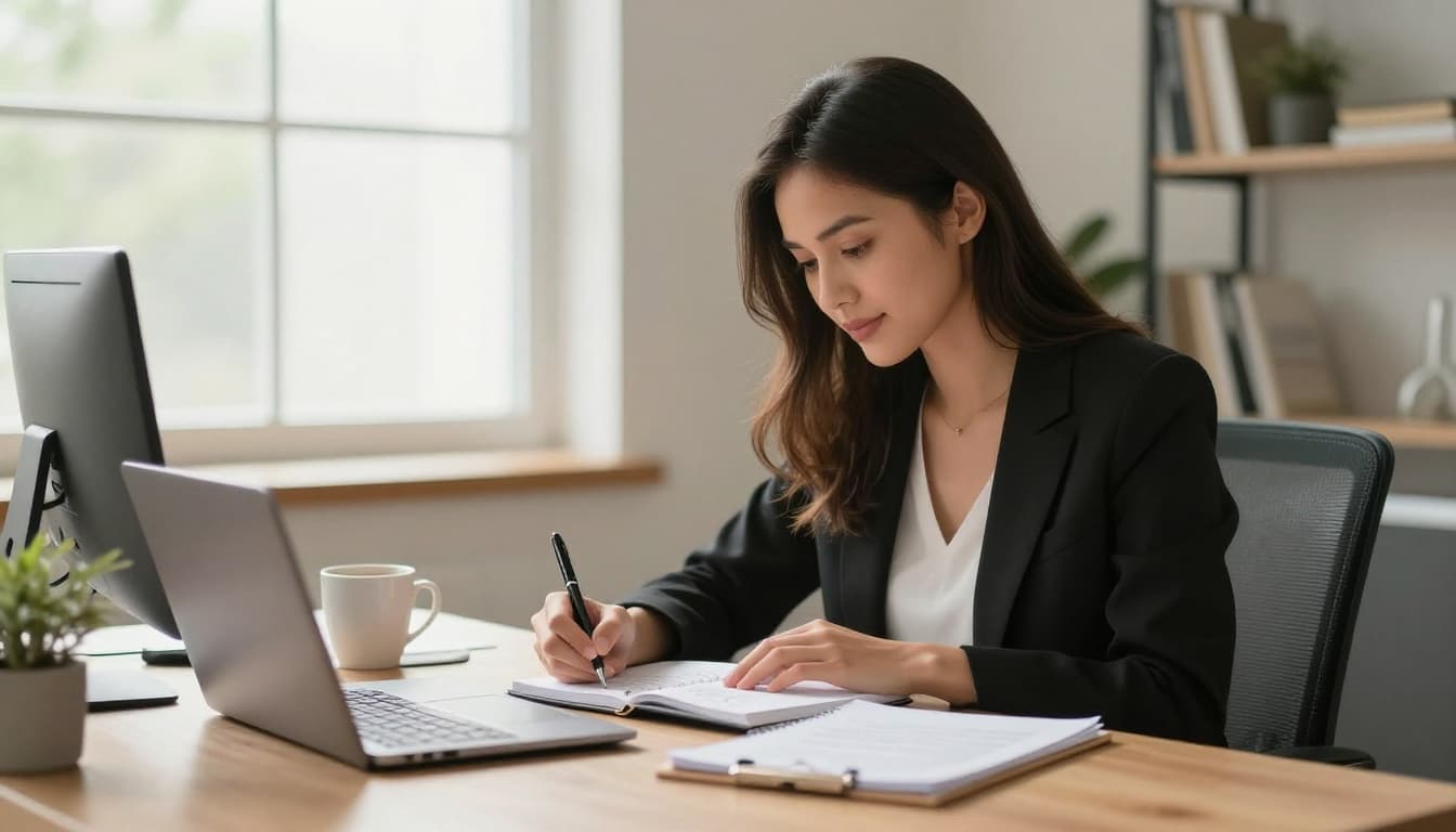 Photo-realistic image of a young professional woman in a modern home office, sitting at a desk writing brand foundation ideas in an open notebook, with a closed laptop and coffee mug nearby, natural light from window, focused relaxed expression.