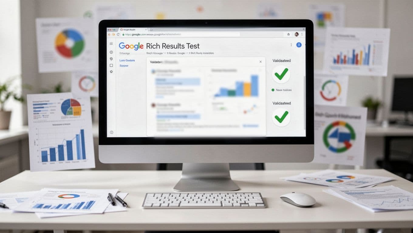 A photo-realistic scene of a tidy professional desk featuring a desktop computer screen displaying the blurred Google Rich Results Test tool interface, accompanied by a mouse and keyboard under soft office lighting.