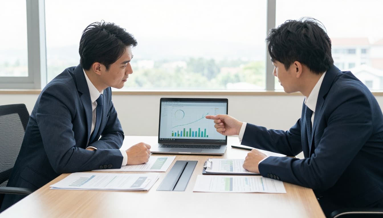 Two business professionals seated at a modern conference table collaborate on co-packing proposals, with open documents and a laptop displaying charts, focused discussion under natural daylight.