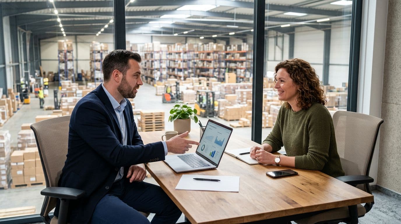 Photorealistic image of two professionals at a modern office desk with laptop showing blurred supplier charts, one gesturing to screen, other nodding, warehouse visible through window in natural daylight.
