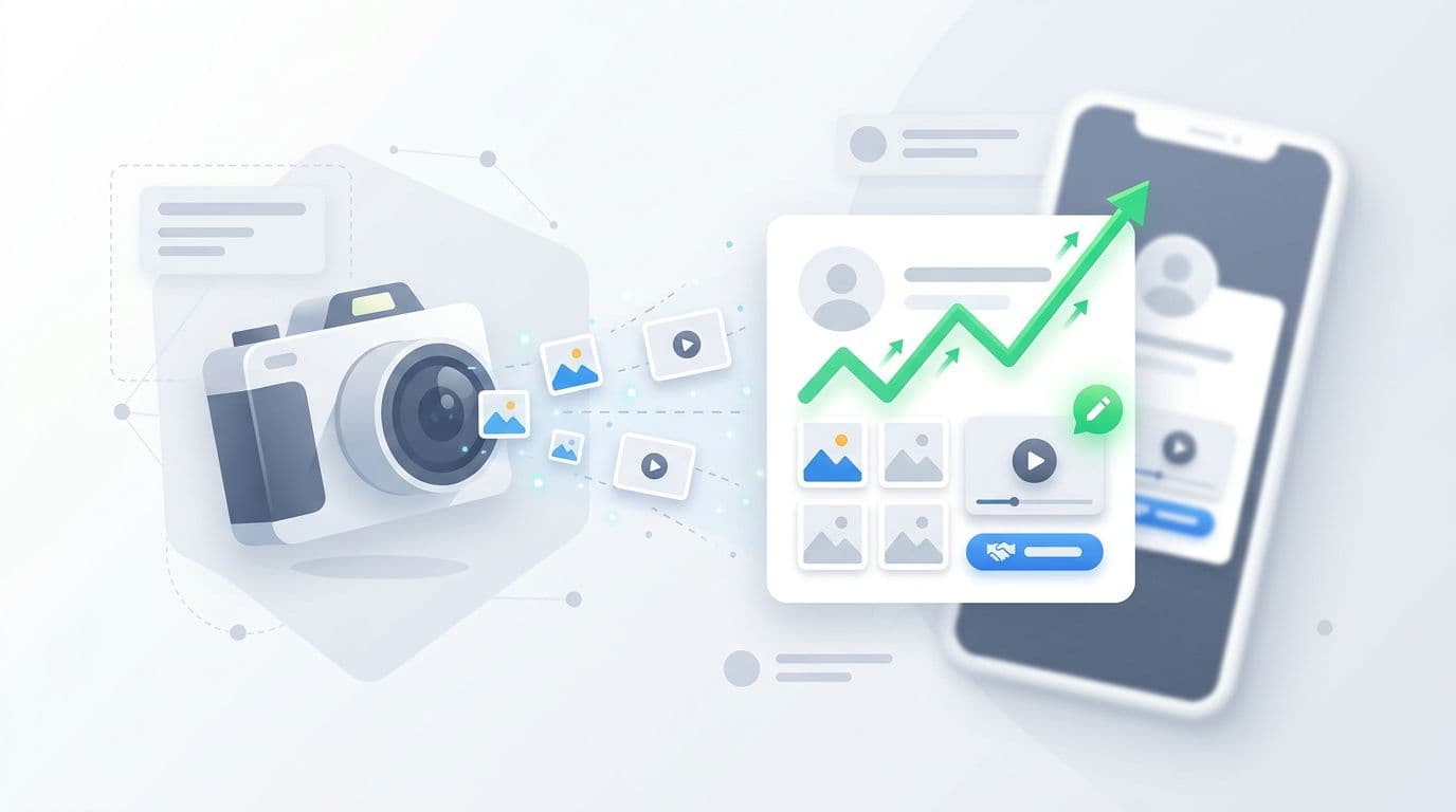 A camera device uploads photos to a transforming profile card featuring images, videos, update post bubbles, and CTA button icons, with a rising visibility graph emphasizing content boost. Clean modern SEO marketing illustration with subtle media UI elements, flat design, slight 3D depth, and bright professional palette.