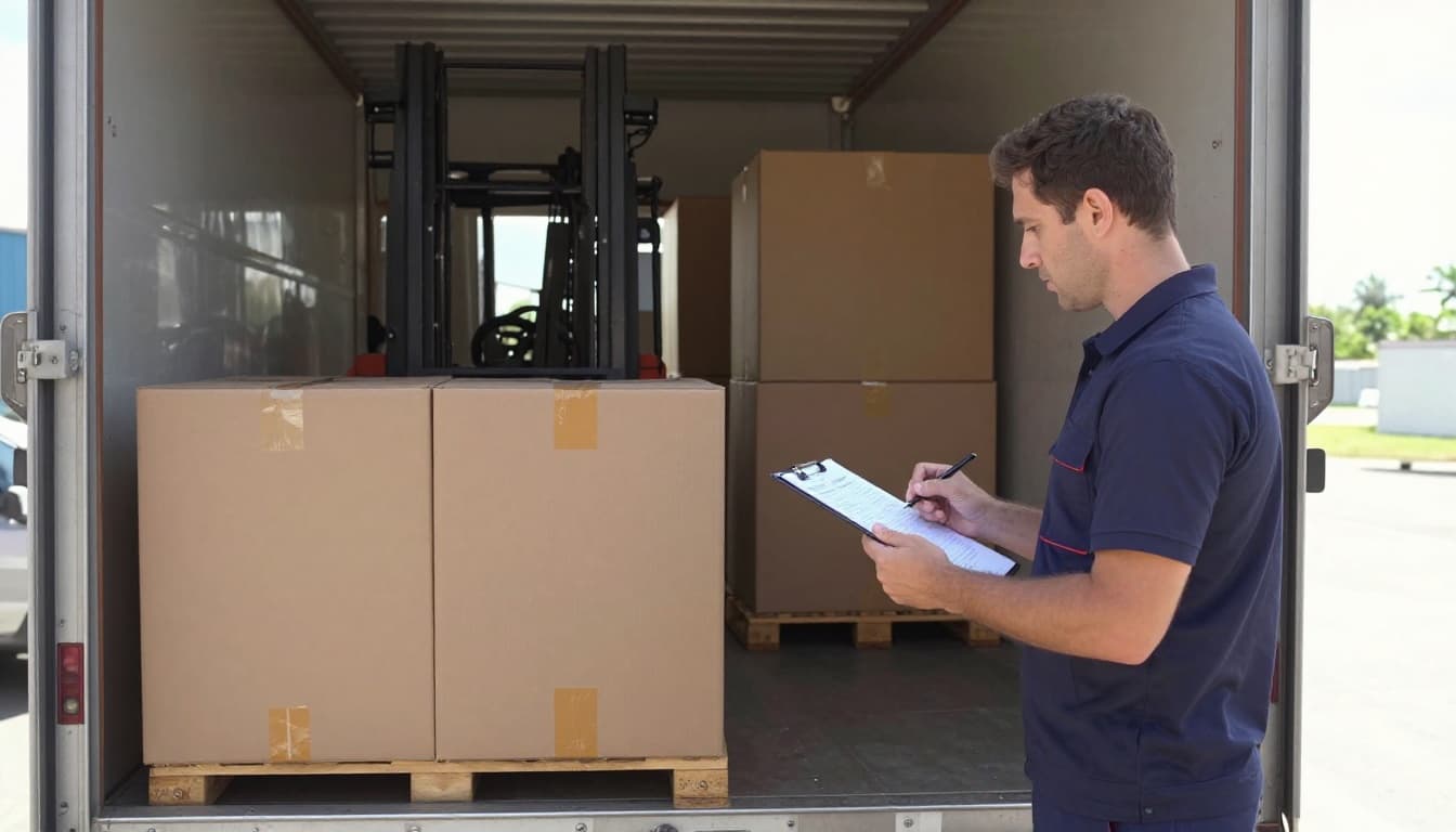 Photorealistic warehouse interior with a single worker at the receiving dock, puzzled while checking clipboard held relaxed with two hands, unloading boxes from truck with evident miscount and extra box aside, pallets and forklifts in background under natural daylight through open doors.