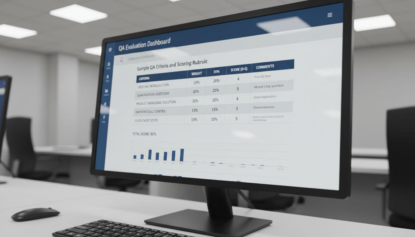 Close-up of a QA scoring rubric table on a computer screen displaying criteria like greeting, qualification questions, and close with scores in contact center software dashboard, realistic angled view with soft office lighting.