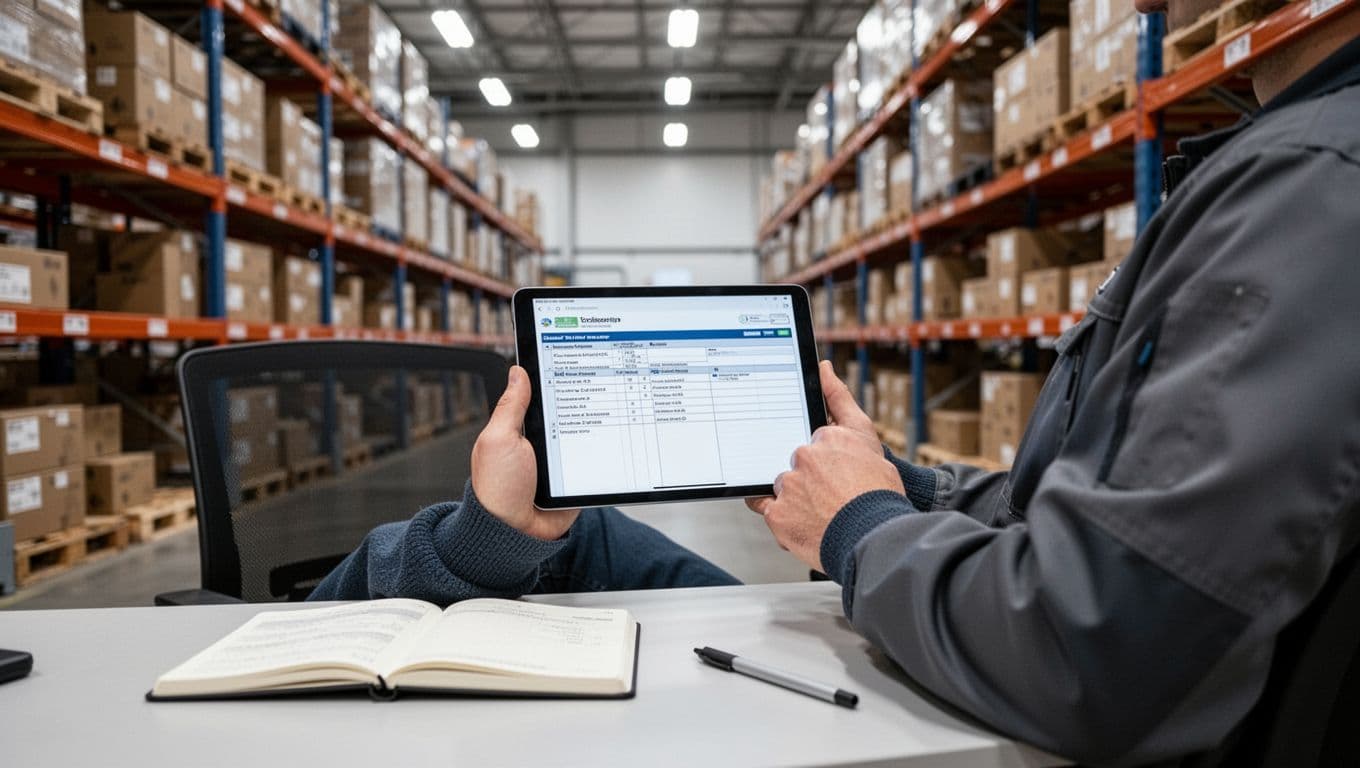 Photorealistic image of a quality assurance specialist in a modern warehouse office, seated at a desk reviewing food traceability records on a tablet held relaxed in two hands, with an open notebook nearby and shelves of boxes in the background under bright lighting.