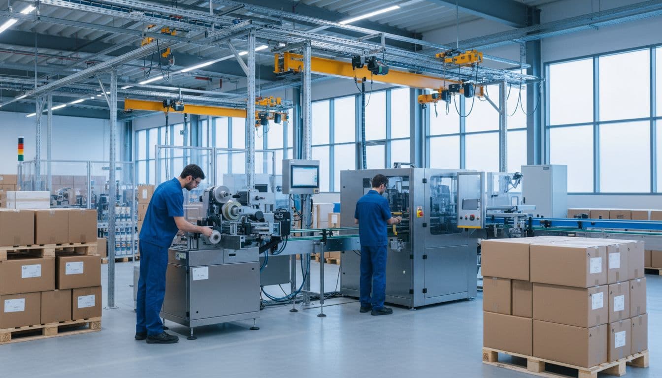 Two workers rapidly adjust the labeler and case packer on a flexible packaging line in a modern co-packing facility to scale production for volume increase, surrounded by stacks of product pallets under even daylight.