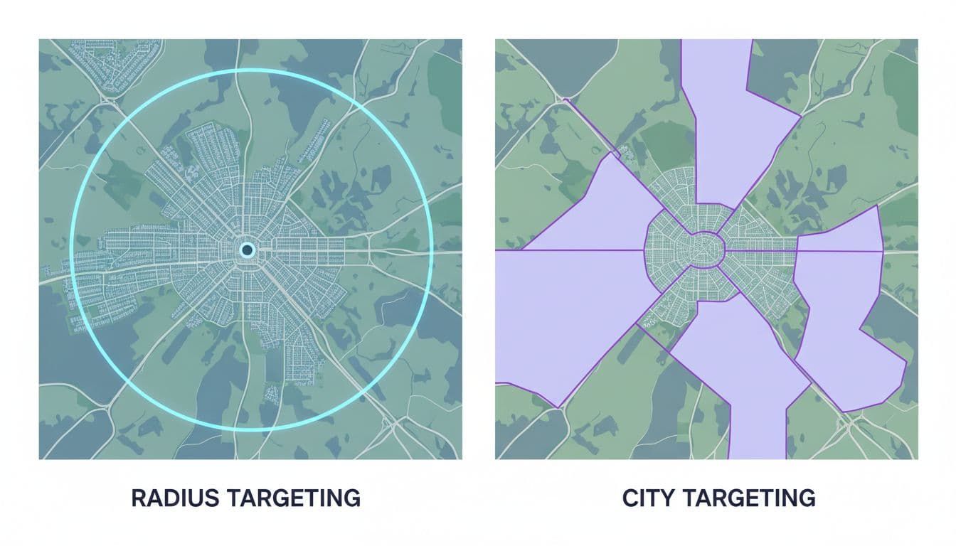 Split view illustration comparing radius targeting circle on map versus city boundaries for local HVAC service, clean professional style.