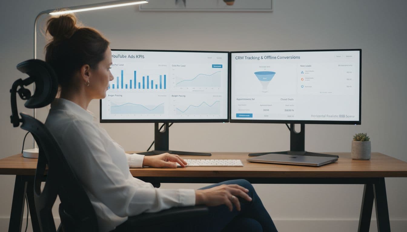 A professional real estate agent in a home office analyzes YouTube ads KPIs, budget pacing, CRM tracking, and offline conversions on dual monitors displaying graphs for cost per lead and ROI in a realistic B2B scene.