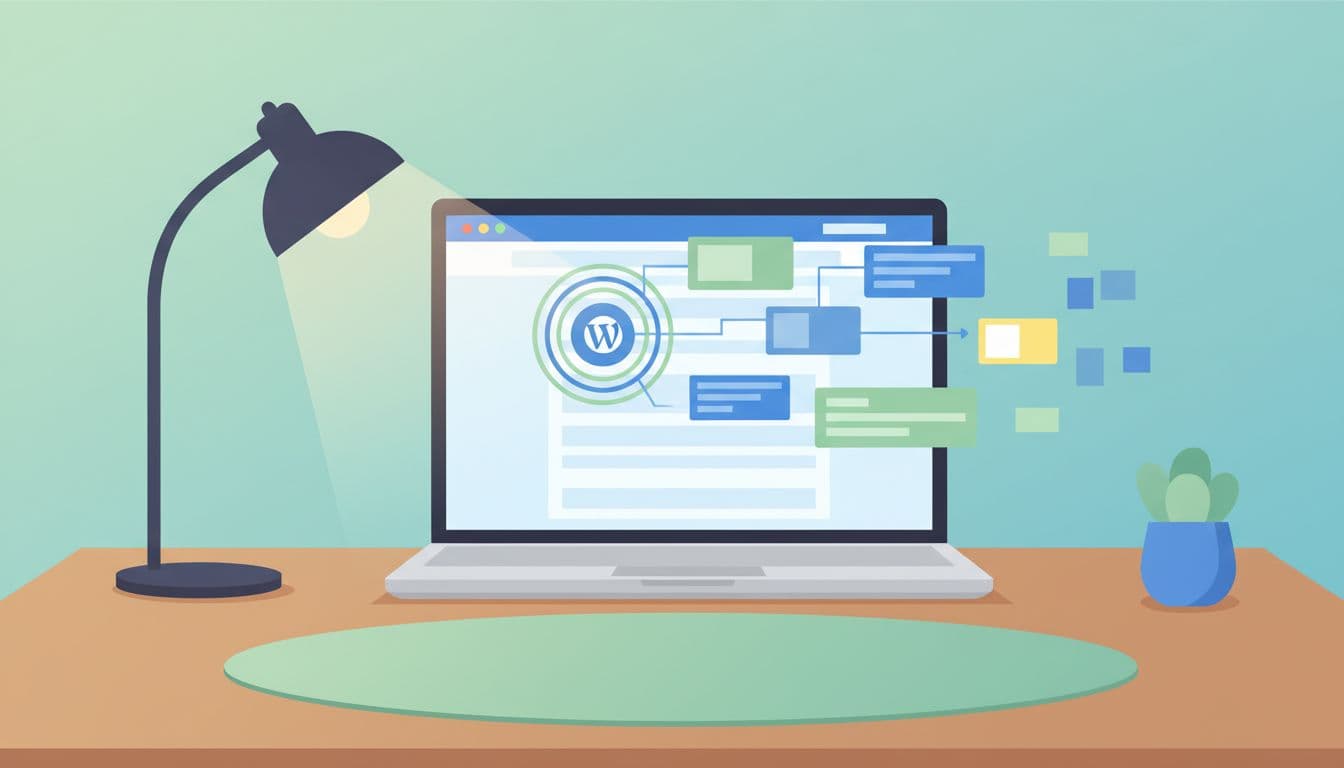 Modern flat illustration depicting smooth button click responses and fast-loading interactive elements on a laptop screen in a WordPress context for better INP performance.