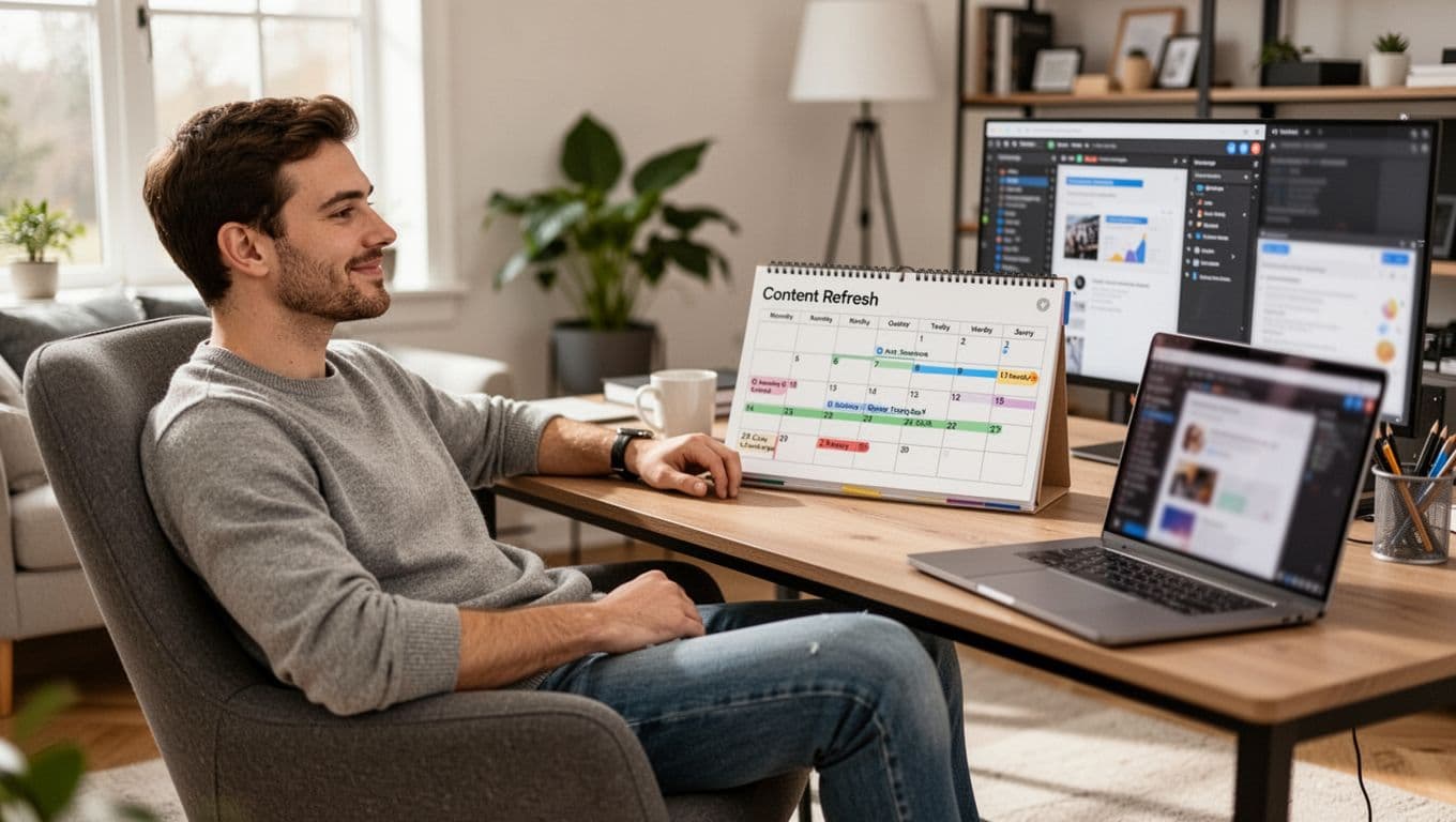 A single content marketer seated relaxed in a modern home office with an open calendar showing content refresh schedule and a nearby laptop with blurred editing interface, lit by natural daylight.