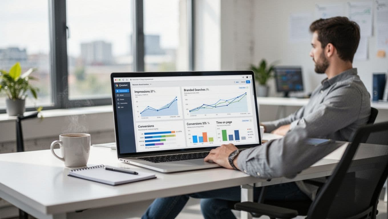 A single digital marketer seated relaxed at a desk in a bright modern office, laptop showing blurred SEO analytics dashboard with graphs for impressions, branded searches, conversions, and time on page, coffee mug and notepad nearby, natural daylight from large window.