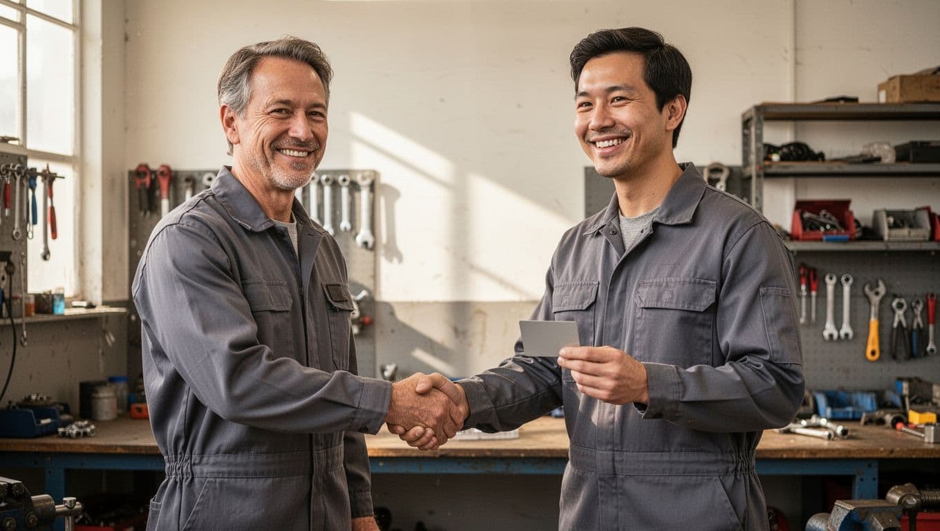 Smiling customer shakes hands with plumber in workshop, holding loyalty card.