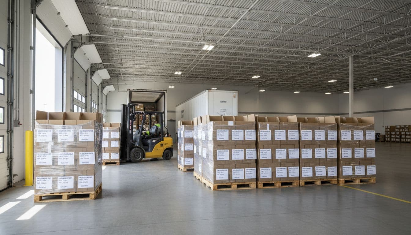 Retail-ready pallets stacked with labeled display trays and case packs for store shipment, forklift preparing outbound load in clean warehouse dock with natural light, landscape view.