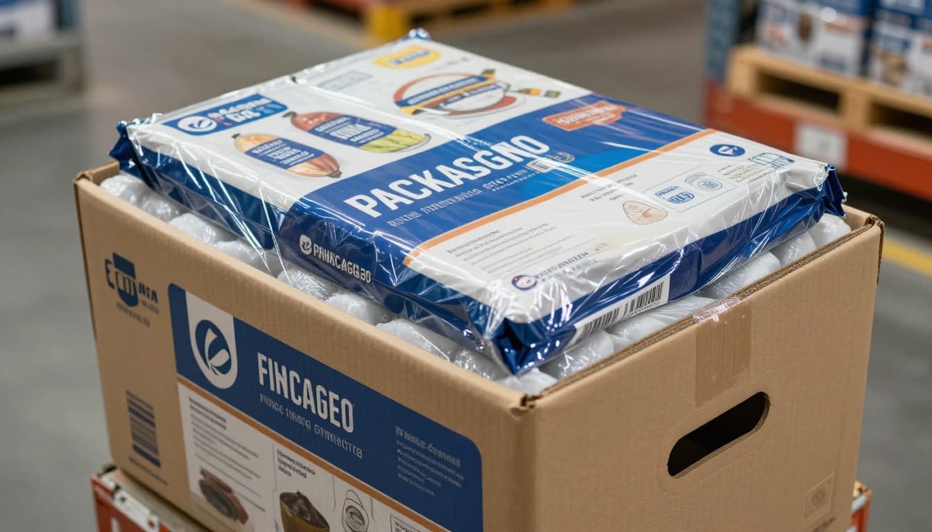 Retail shelf featuring an eye-catching custom packaged product next to a sturdy shipping box in a warehouse being sealed, with the product inside protected by cushioning. Realistic photography style with natural lighting and landscape aspect ratio.