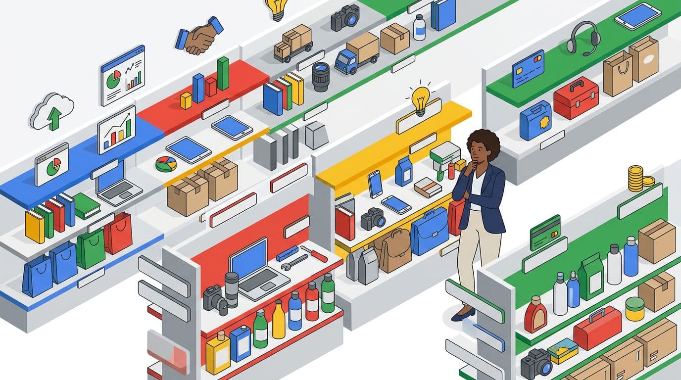 Clean modern flat-vector illustration of retail store interior shelves tagged with category labels, services icons, and product items, featuring one diverse business owner browsing in Google blue-red-yellow-green palette with neutral grays and white background.