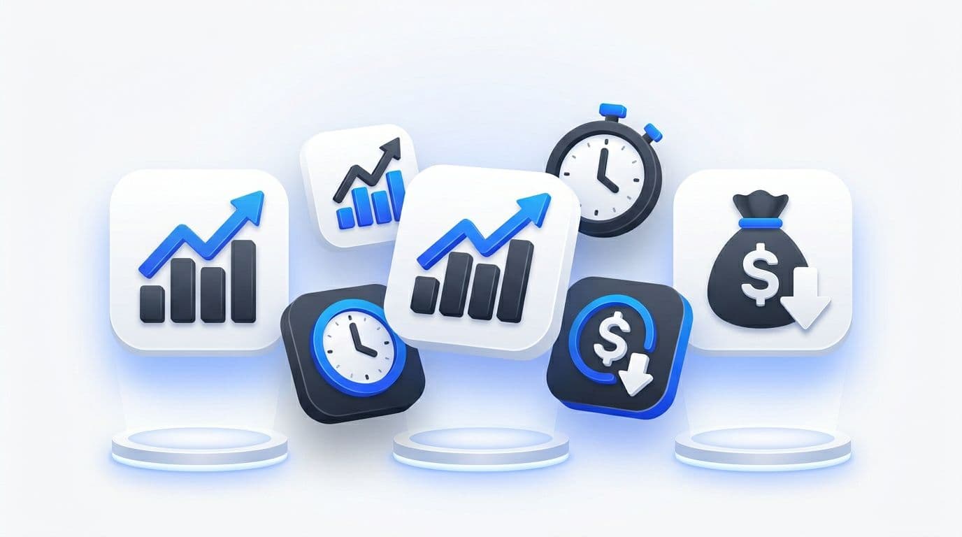 Abstract 3D icons of rising revenue charts, time-saving clocks, and cost reduction symbols in a structured bullet list layout on a clean digital canvas with soft glows and futuristic professional aesthetic.