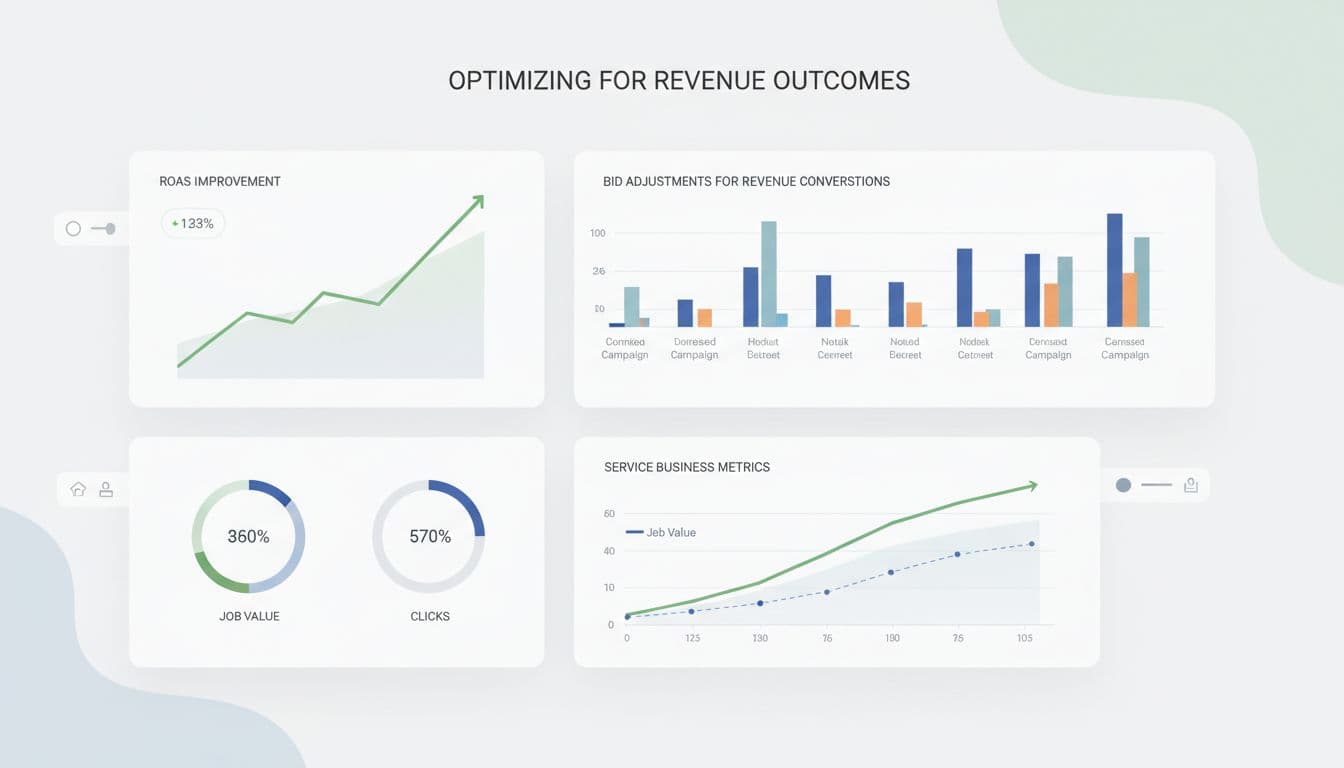 Clean modern SaaS-style illustration of an optimization dashboard showing post-tracking results with graphs for ROAS improvements, bid adjustments for revenue conversions, and service business metrics like job value vs clicks. Subtle colors, focused on key performance indicators without embedded text.