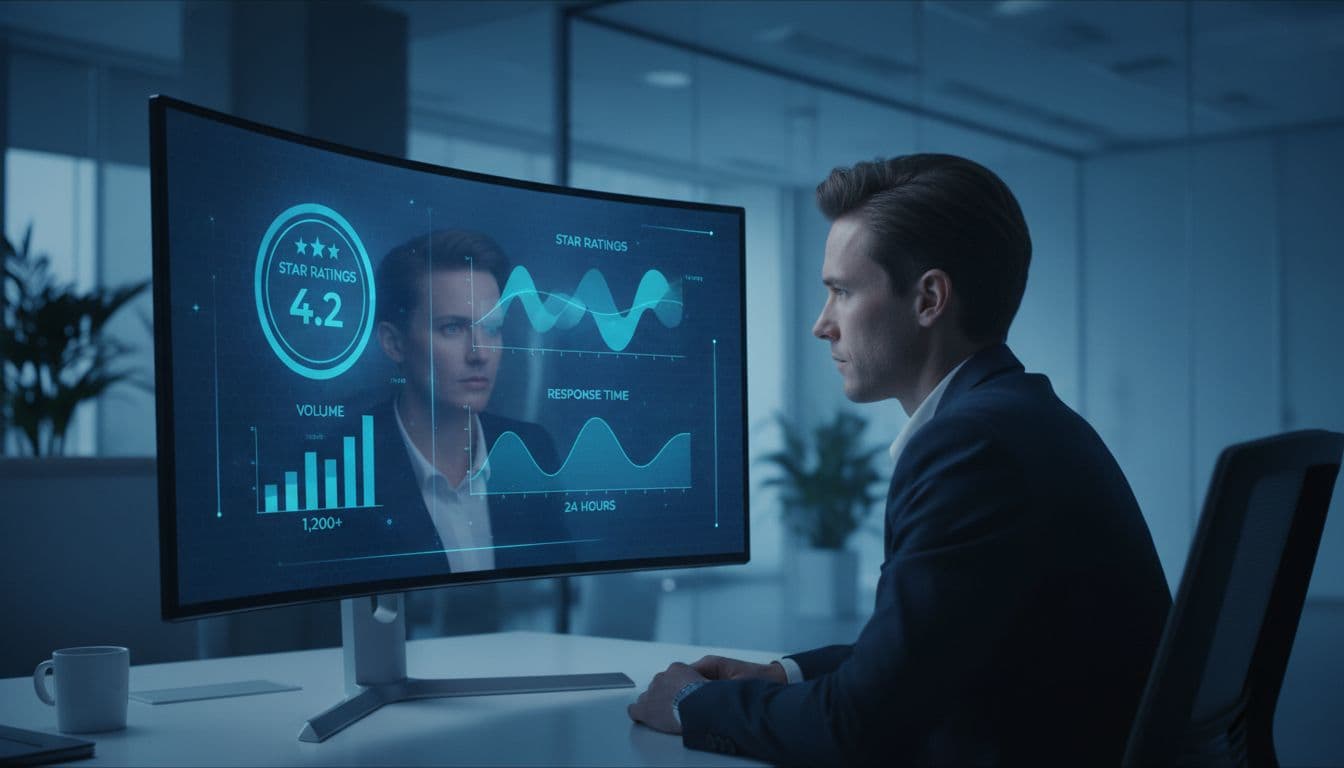 A business analyst in a modern office views a monitor displaying a dashboard with key review metrics including star ratings, volume, and response time graphs, under blue-toned lighting in a clean data visualization style.