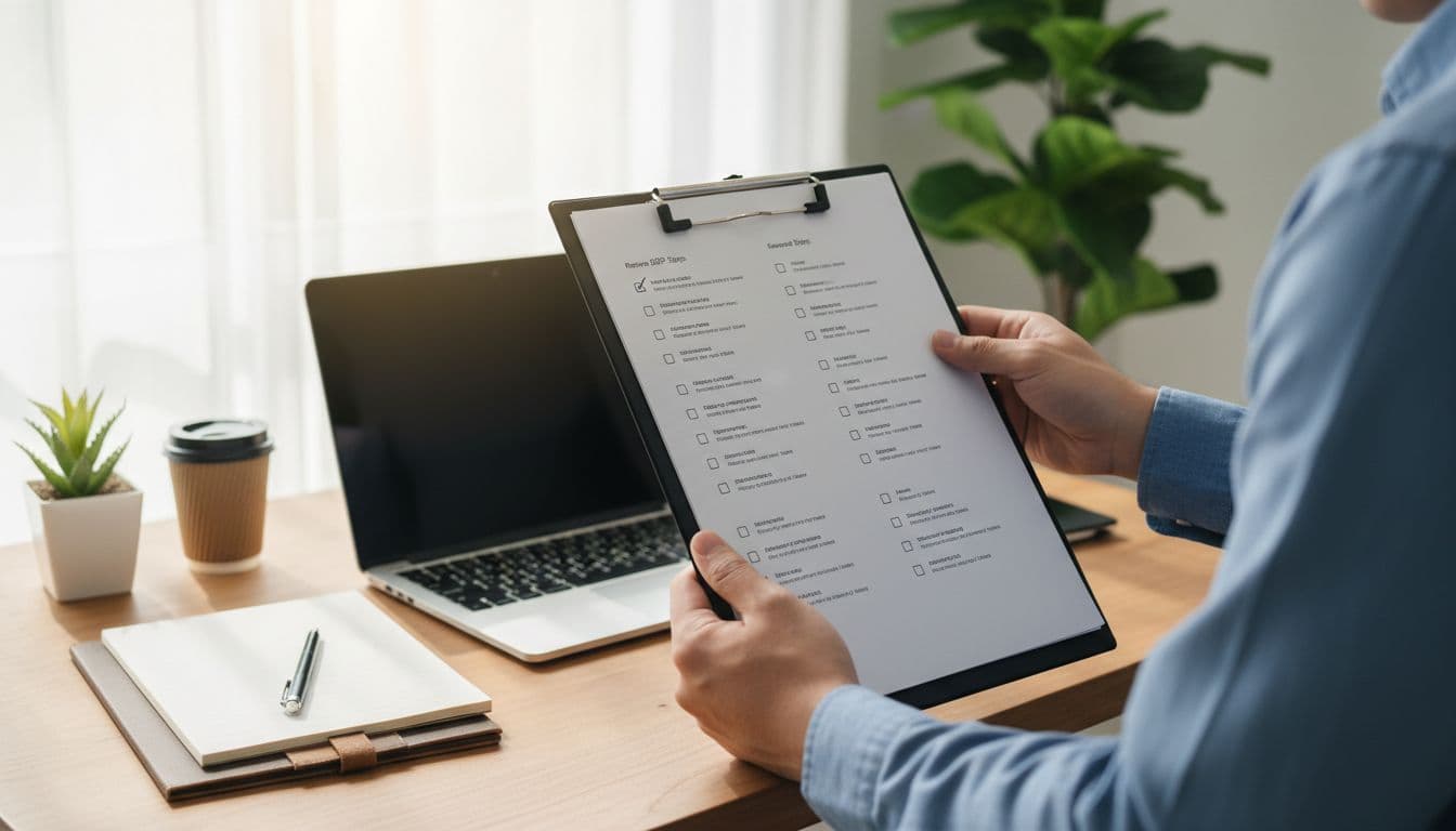 Checklist on clipboard held by marketer in workspace, items like review SOP steps faintly suggested but no text, organized desk background, bright daylight, realistic photo, one person partially visible hand relaxed, no readable text anywhere.