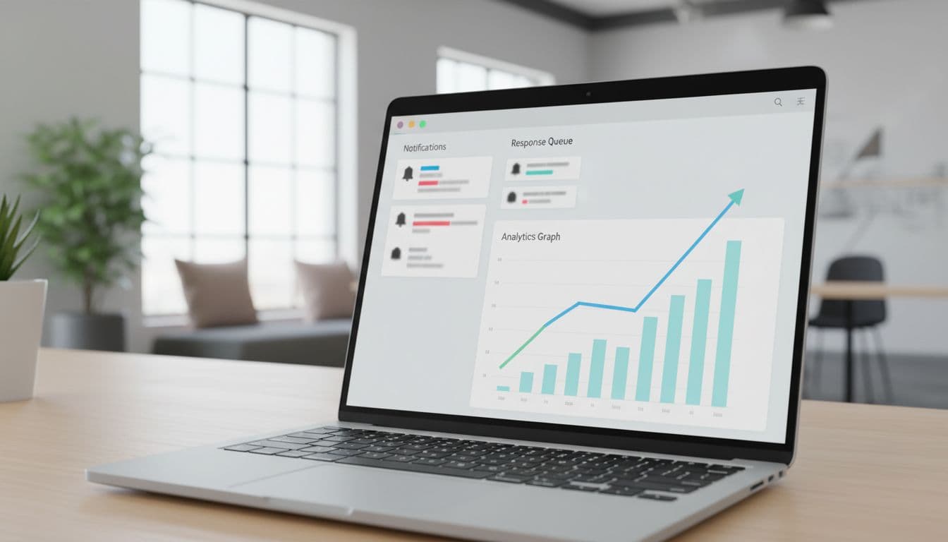 Dashboard of a review management tool displaying notifications, response queue, and rising analytics graphs on a laptop screen at a slight angle in a modern office. Realistic rendering focuses on interface elements with no readable text.