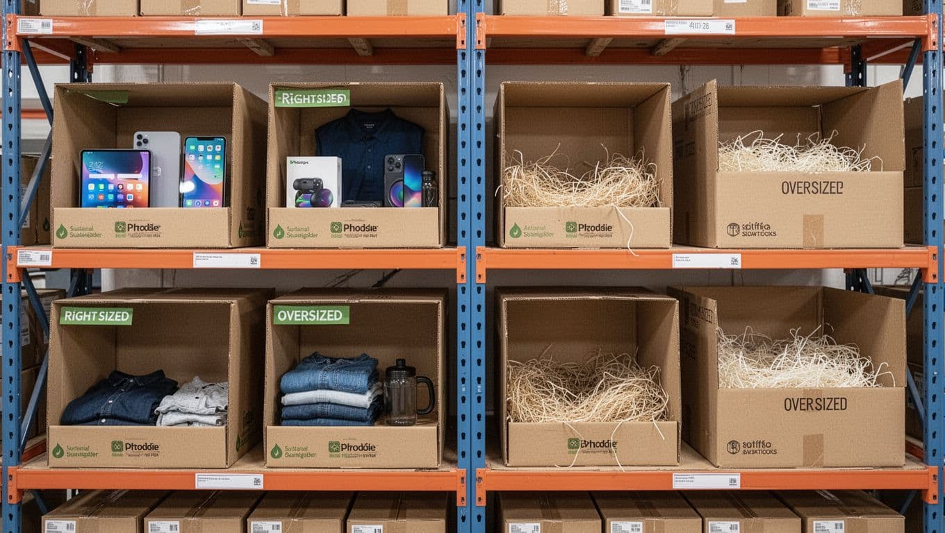 Photorealistic warehouse shelf displaying perfectly fitted right-sized sustainable fiber boxes for electronics and apparel, contrasted with oversized traditional boxes containing empty space and filler material; exactly four boxes total under bright natural overhead lighting.