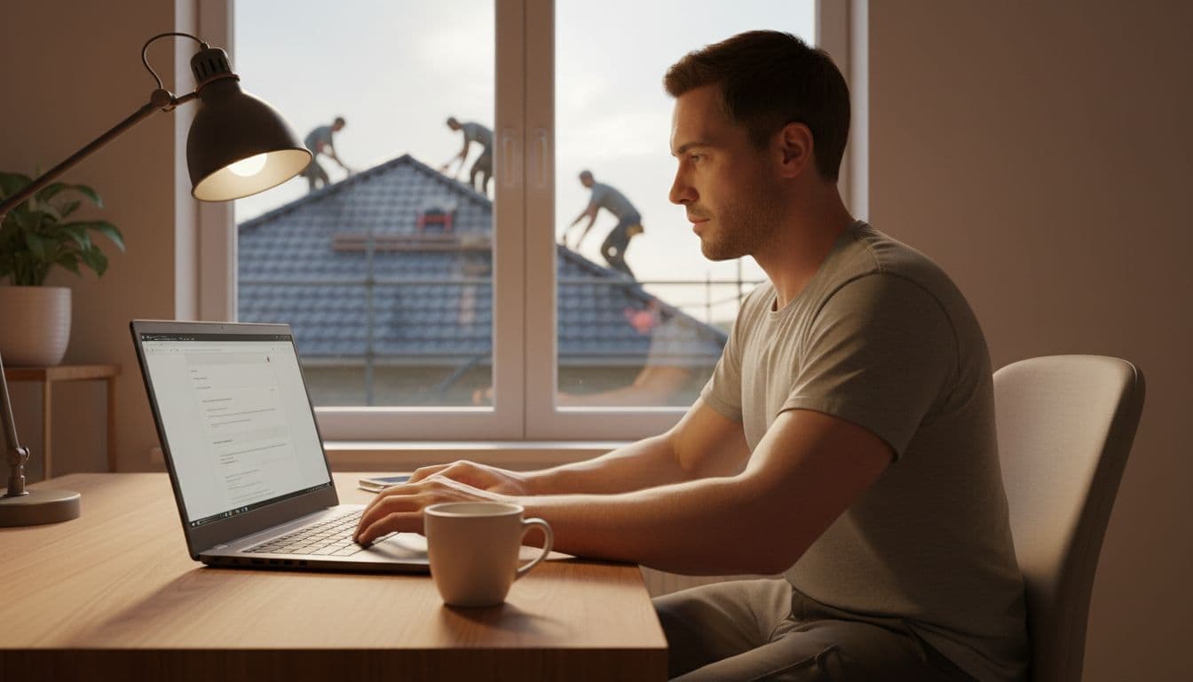 A roofer types an outreach email on a laptop in a cozy home office, with a coffee mug nearby and a window showing roof work outside under warm lighting in a realistic photo style.