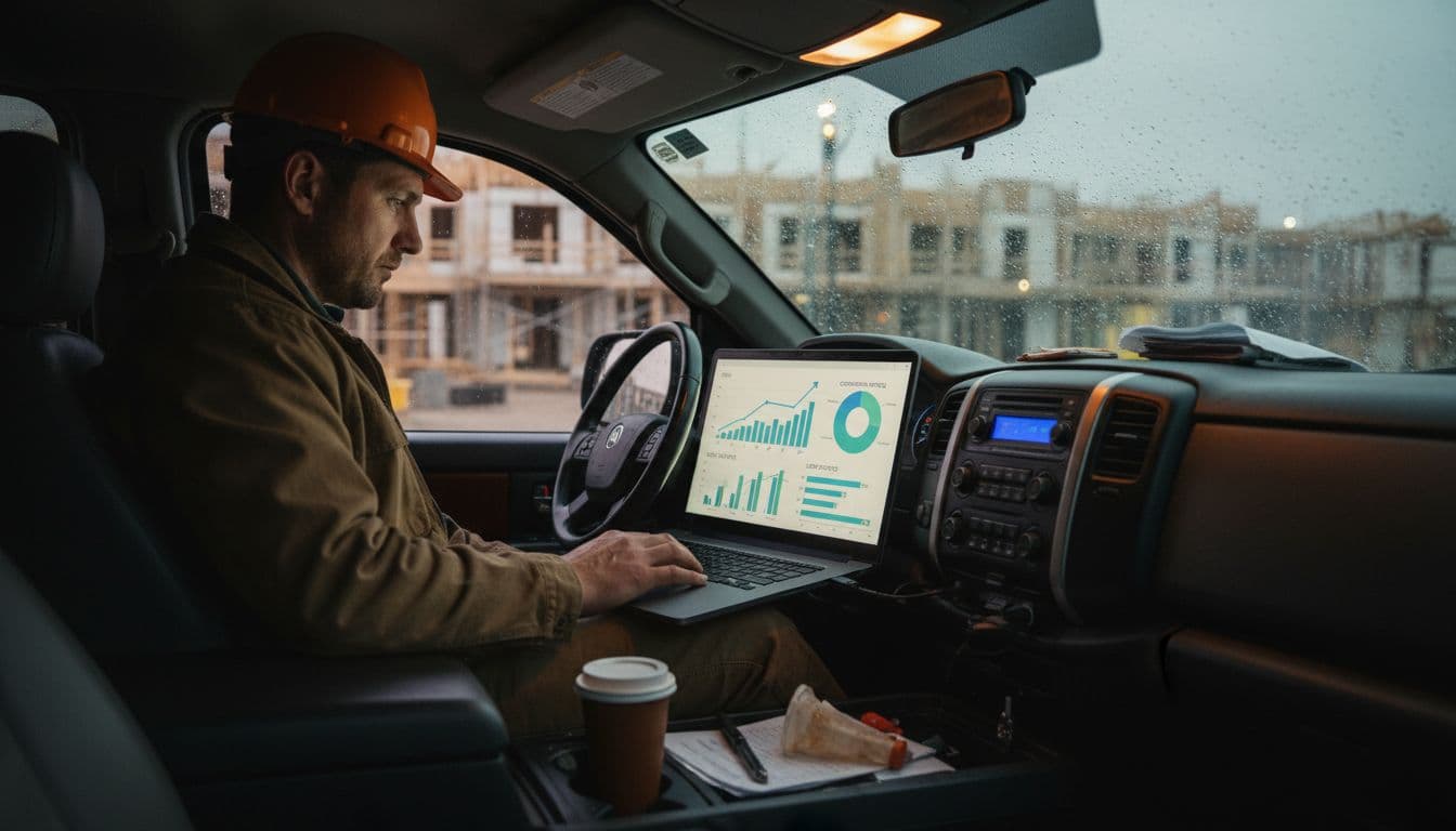 Roofer focused on laptop in truck cab reviewing budget pacing and leads, with charts showing spend and conversions under dashboard lighting. Realistic photo of one person, no text or extra hands visible.